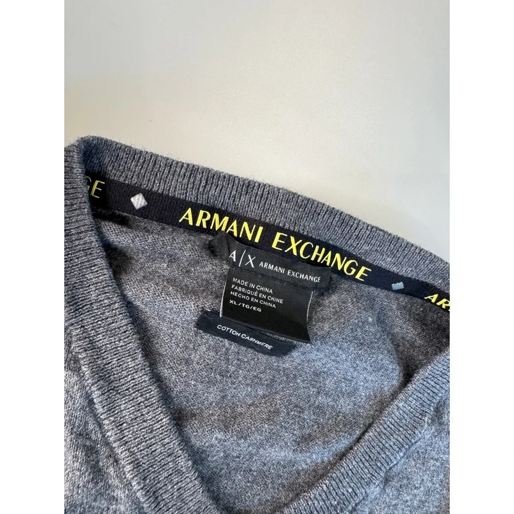 Armani Exchange A|X Men's Grey V-Neck Cotton Cashmere Sweater Yellow Trim Sz  XL